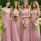 Blush Pink A Line Cold Shoulder Long Chiffon Bridesmaid Dress