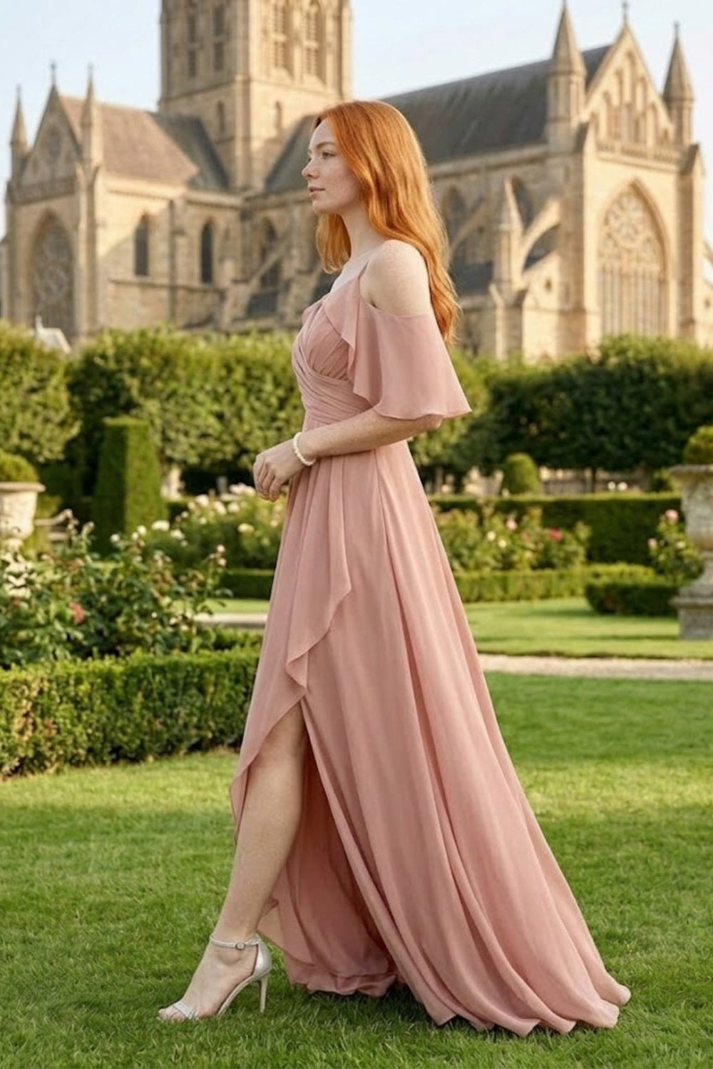 Dusty Rose A Line Cold Shoulder Long Chiffon Bridesmaid Dress with Slit