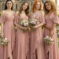 Dusty Rose A Line Cold Shoulder Long Chiffon Bridesmaid Dress with Slit