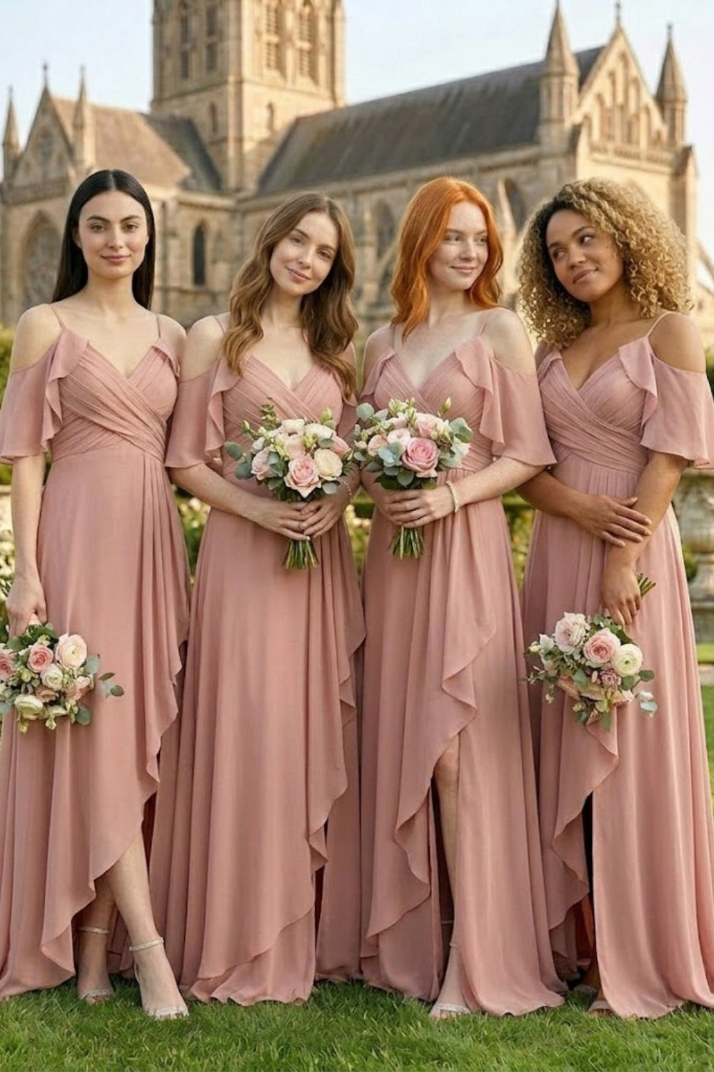 Dusty Rose A Line Cold Shoulder Long Chiffon Bridesmaid Dress with Slit