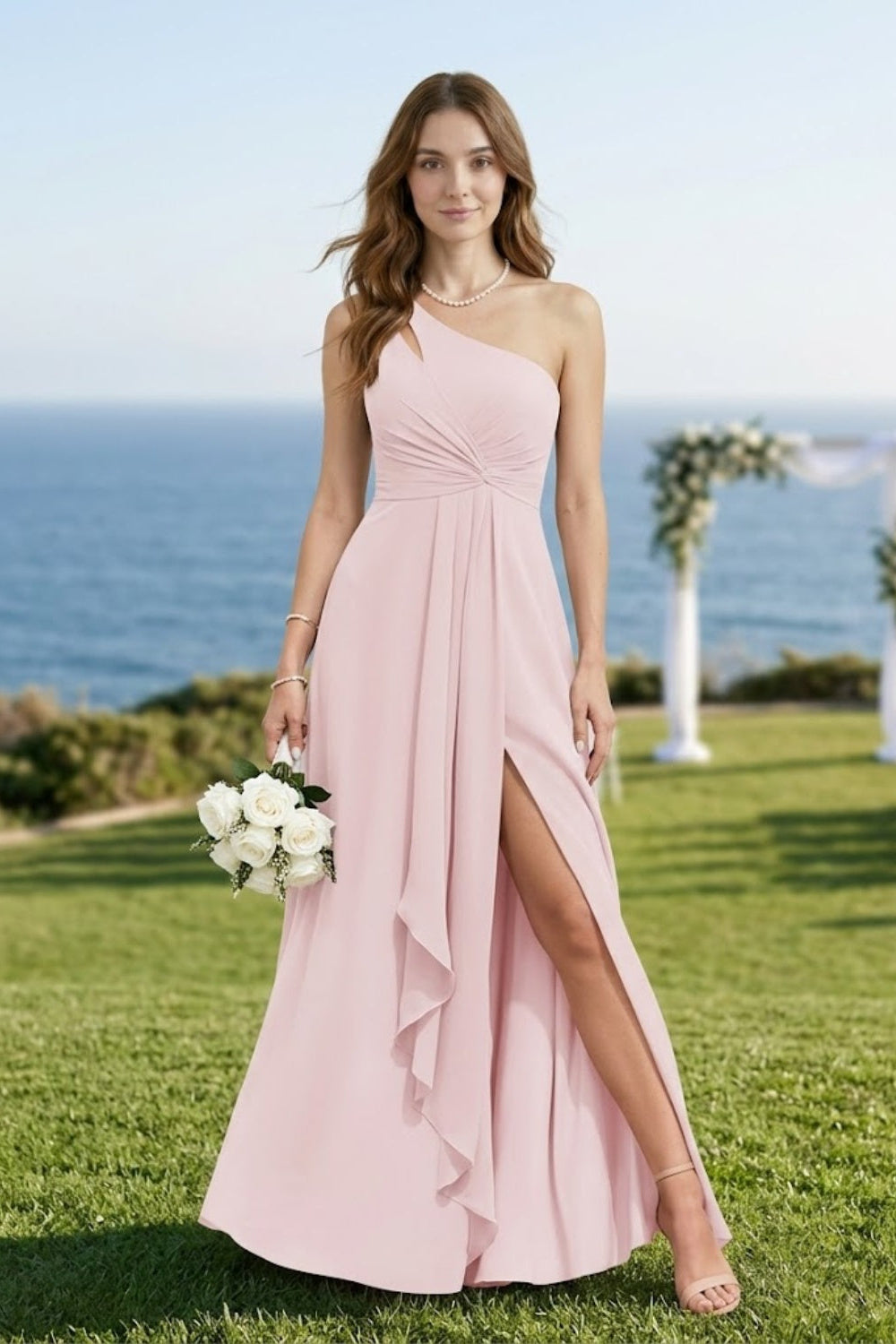 Pink A Line One Shoulder Long Chiffon Bridesmaid Dress with Slit