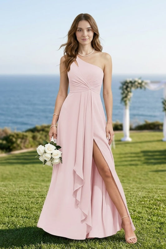 Pink A Line One Shoulder Long Chiffon Bridesmaid Dress with Slit