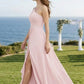 Pink A Line One Shoulder Long Chiffon Bridesmaid Dress with Slit