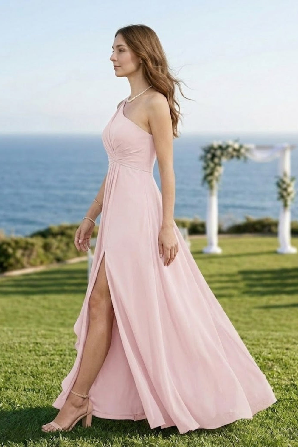Pink A Line One Shoulder Long Chiffon Bridesmaid Dress with Slit