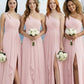Pink A Line One Shoulder Long Chiffon Bridesmaid Dress with Slit