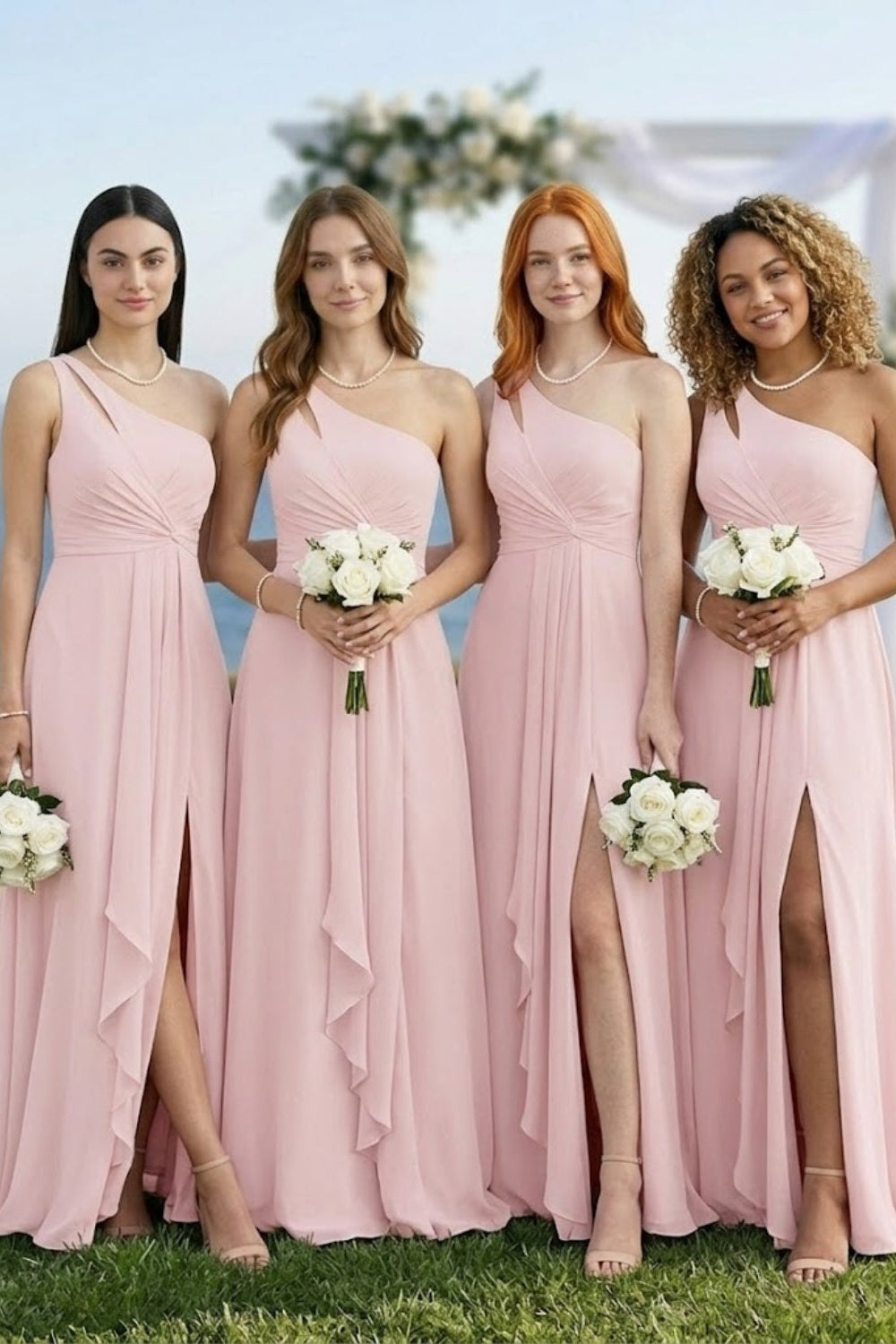 Pink A Line One Shoulder Long Chiffon Bridesmaid Dress with Slit