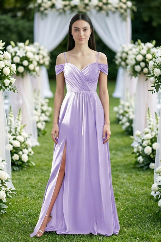 Lavender A Line Cold Shoulder Long Chiffon Bridesmaid Dress with Slit