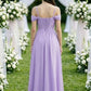 Lavender A Line Cold Shoulder Long Chiffon Bridesmaid Dress with Slit