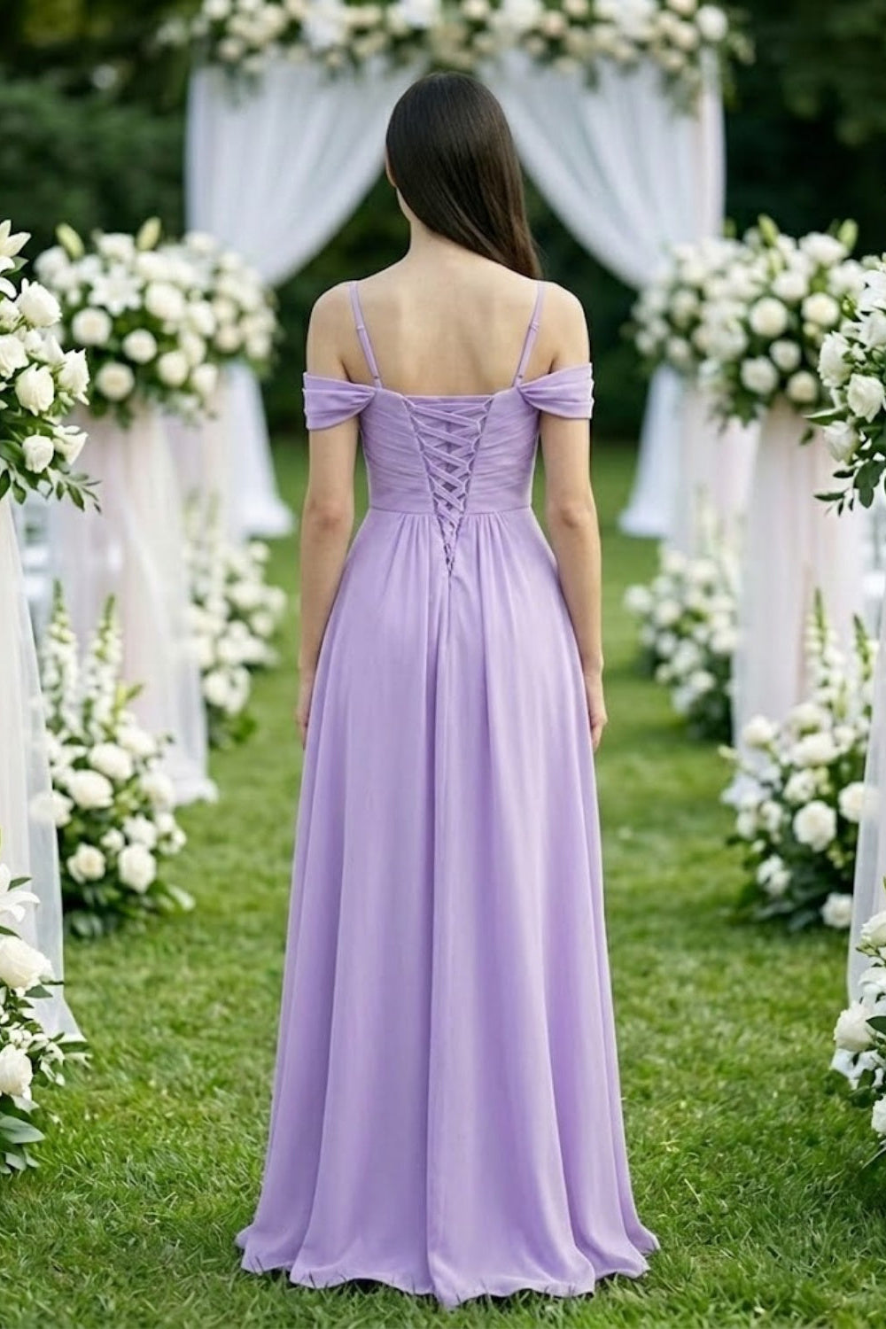 Lavender A Line Cold Shoulder Long Chiffon Bridesmaid Dress with Slit