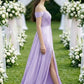 Lavender A Line Cold Shoulder Long Chiffon Bridesmaid Dress with Slit