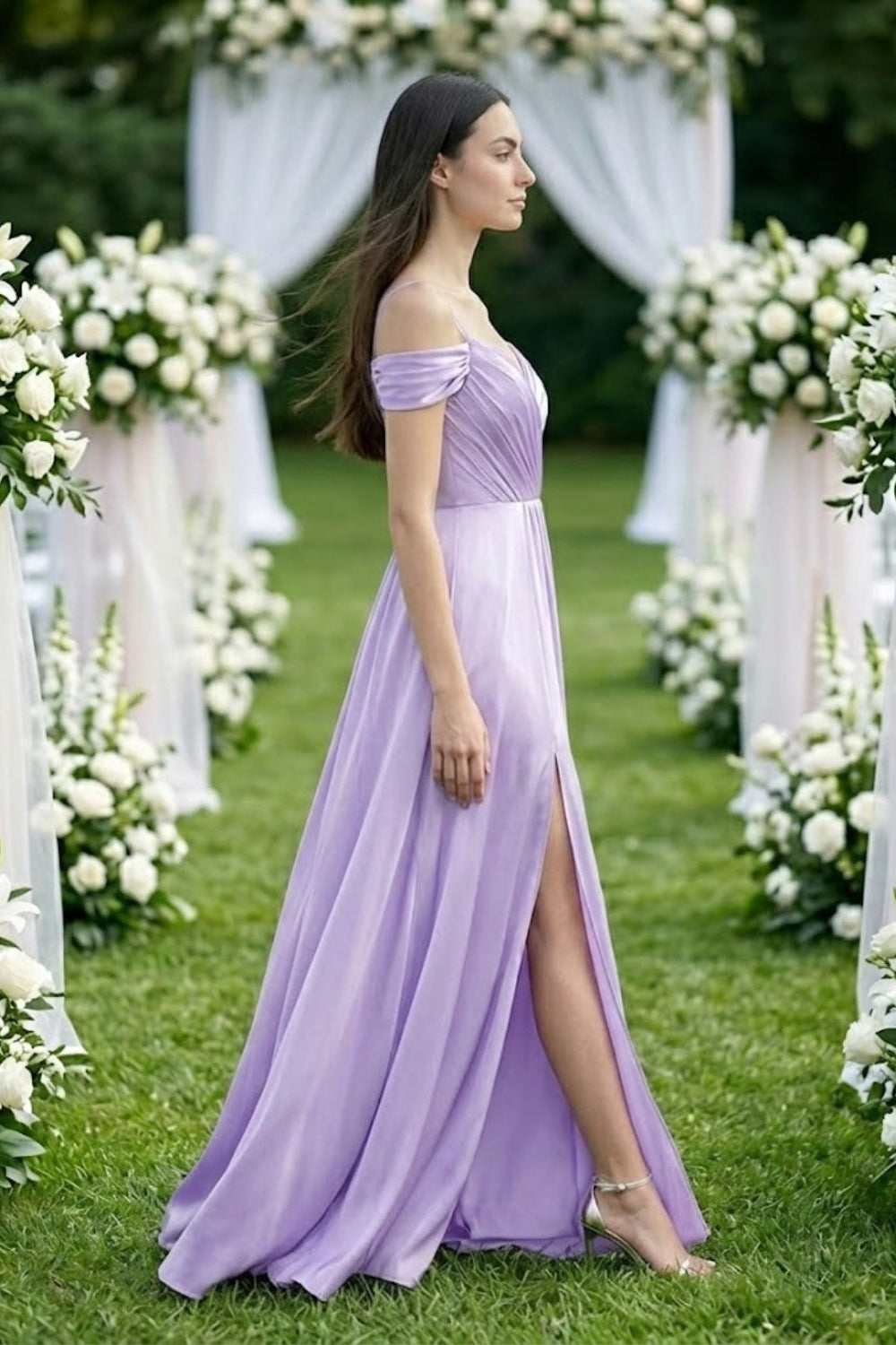 Lavender A Line Cold Shoulder Long Chiffon Bridesmaid Dress with Slit