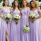 Lavender A Line Cold Shoulder Long Chiffon Bridesmaid Dress with Slit