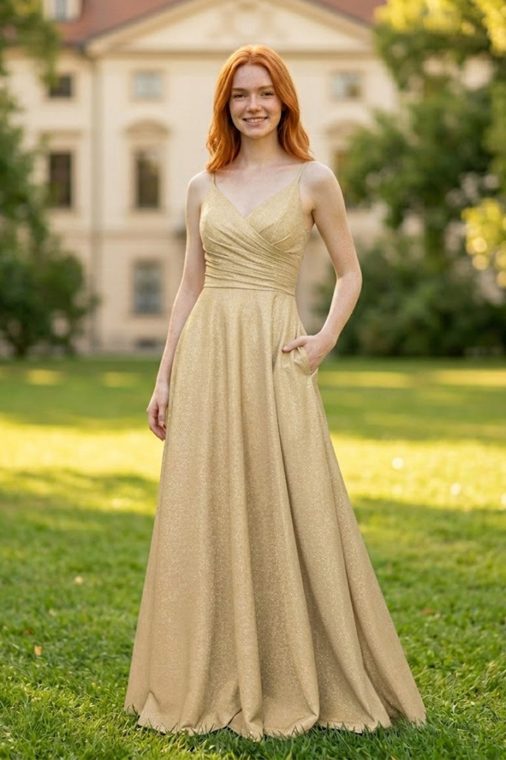 Champagne A Line Spaghetti Straps Long Bridesmaid Dress