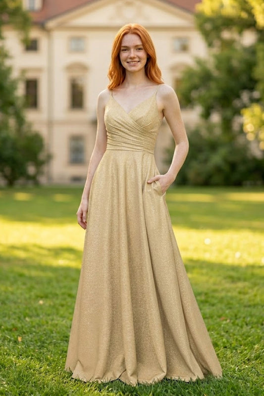 Champagne A Line Spaghetti Straps Long Bridesmaid Dress