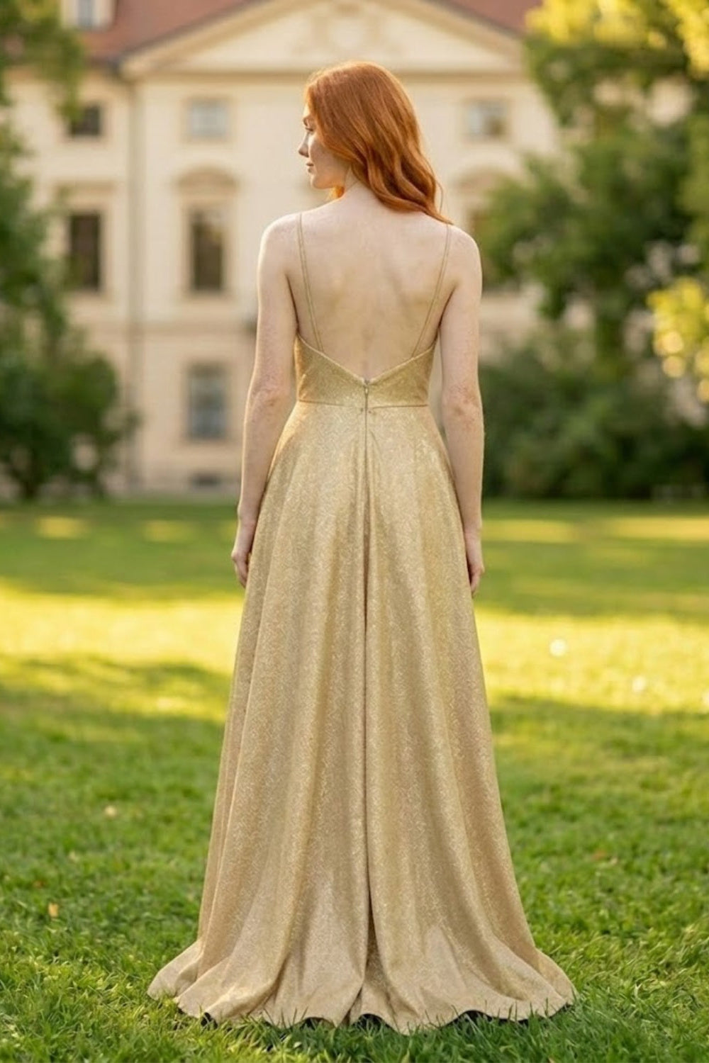 Champagne A Line Spaghetti Straps Long Bridesmaid Dress