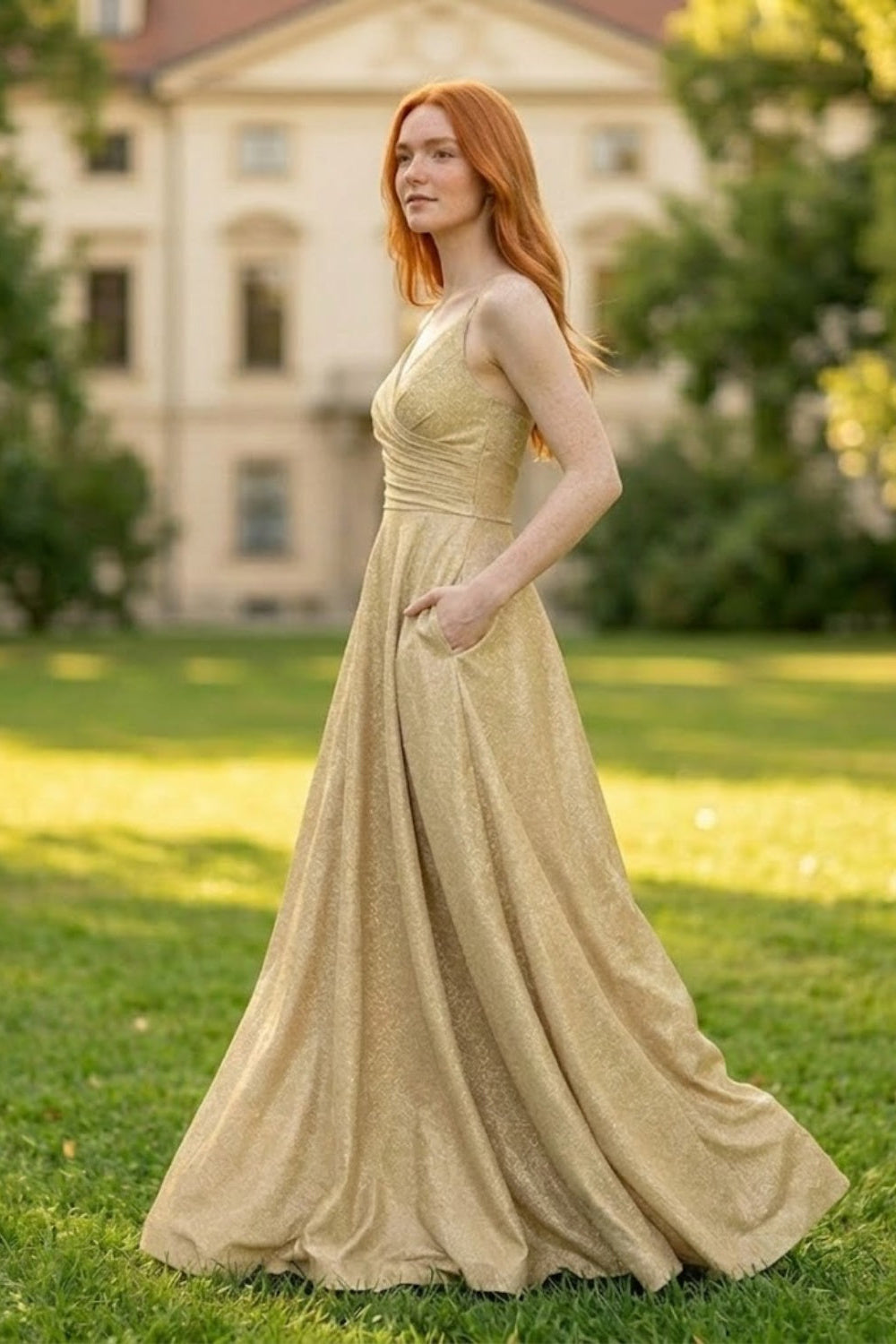 Champagne A Line Spaghetti Straps Long Bridesmaid Dress
