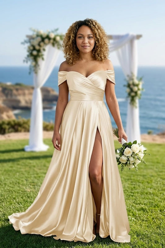 Champagne A Line Off the Shoulder Long Slit Bridesmaid Dress
