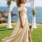 Champagne A Line Off the Shoulder Long Slit Bridesmaid Dress
