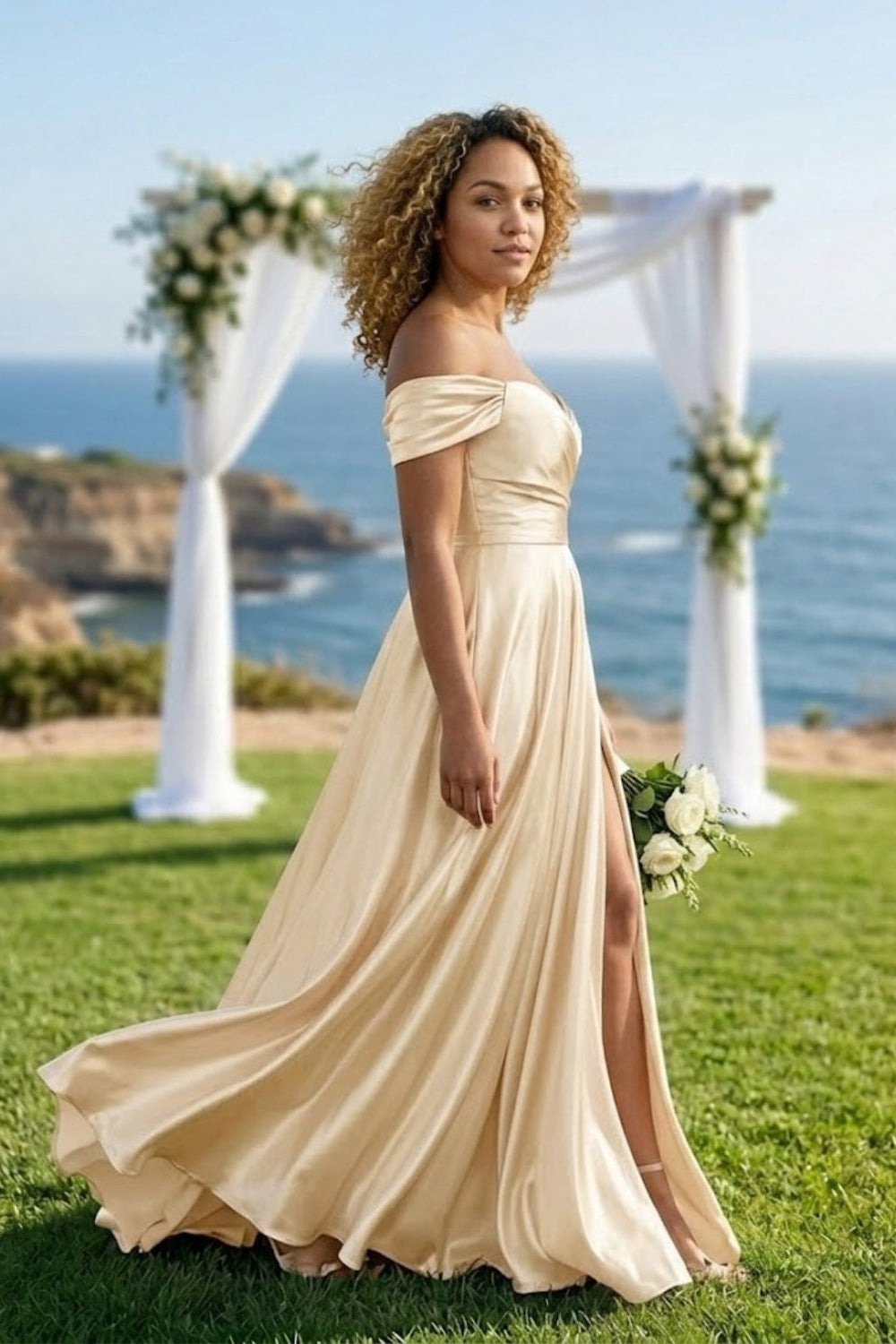 Champagne A Line Off the Shoulder Long Slit Bridesmaid Dress