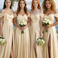 Champagne A Line Off the Shoulder Long Slit Bridesmaid Dress
