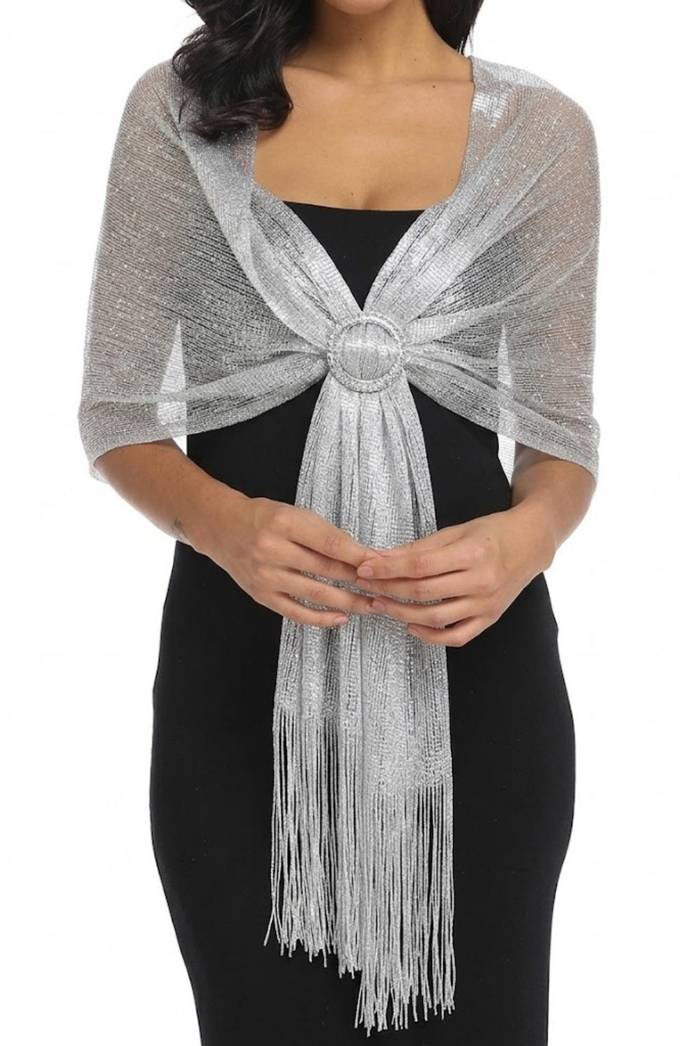 Sparkly Evening Wrap with Front Ring Closure and Fringe
