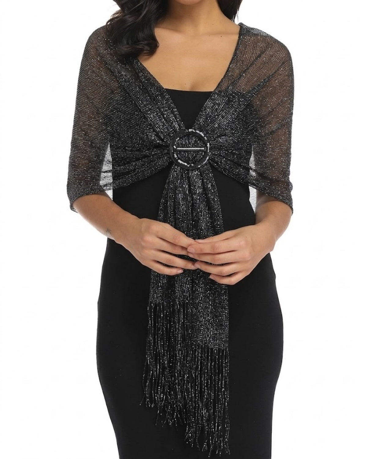 Sparkly Evening Wrap with Front Ring Closure and Fringe