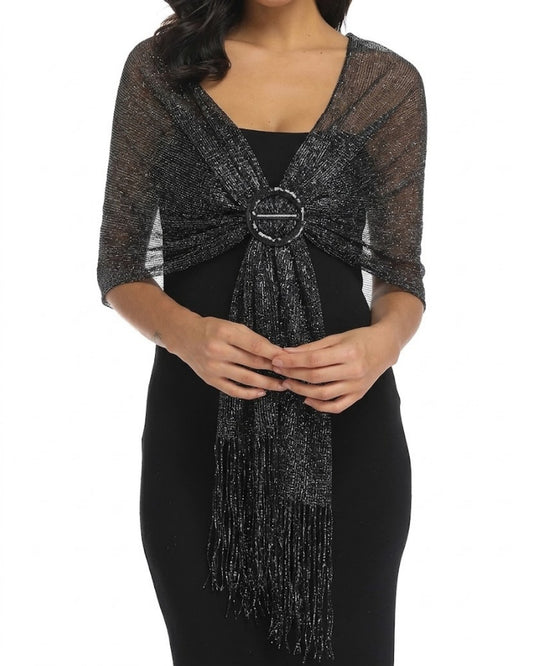 Sparkly Evening Wrap with Front Ring Closure and Fringe