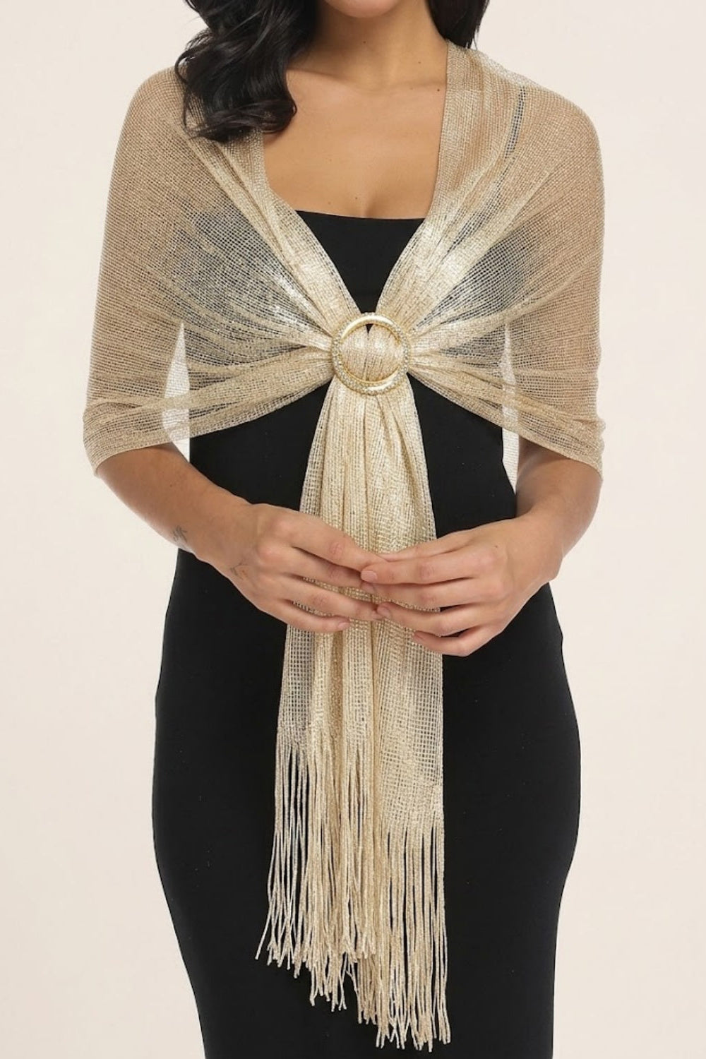 Sparkly Evening Wrap with Front Ring Closure and Fringe