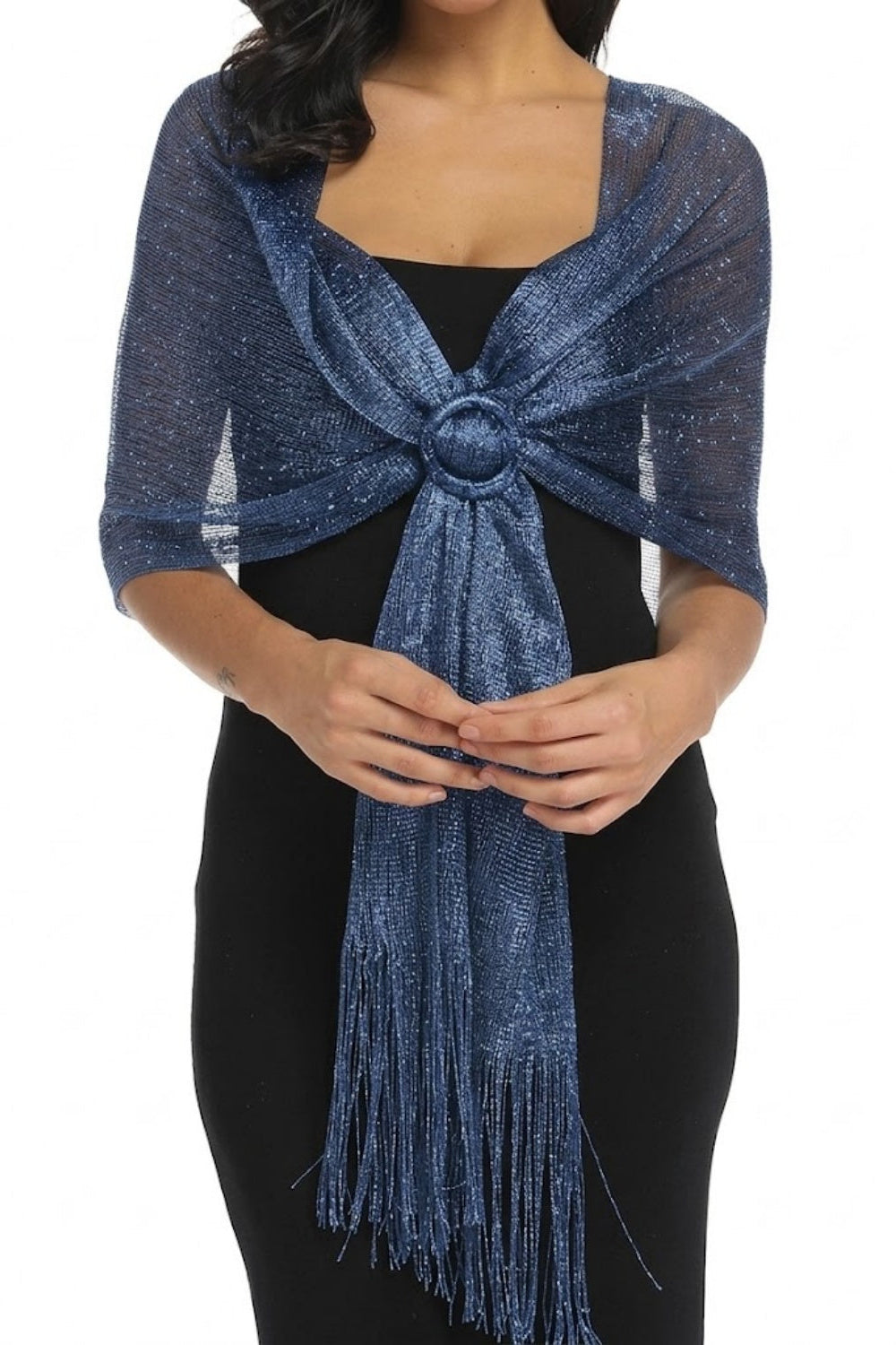 Sparkly Evening Wrap with Front Ring Closure and Fringe