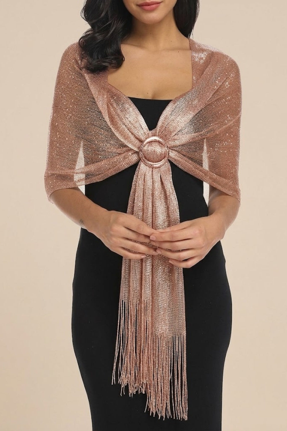 Sparkly Evening Wrap with Front Ring Closure and Fringe