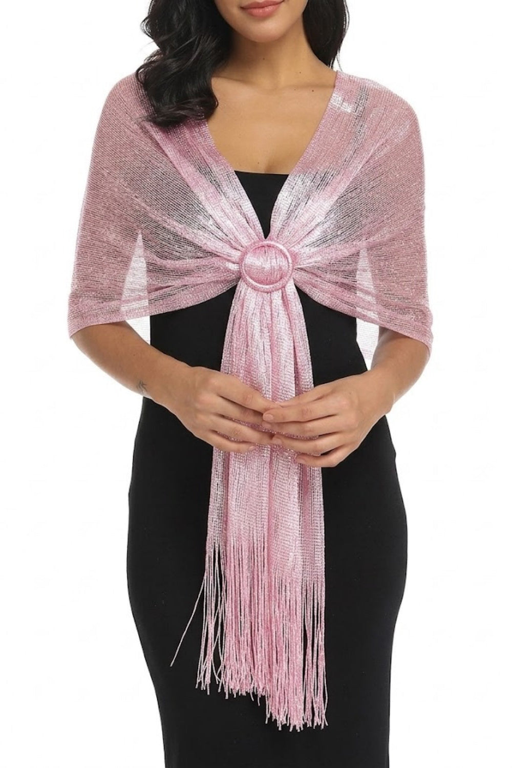 Sparkly Evening Wrap with Front Ring Closure and Fringe