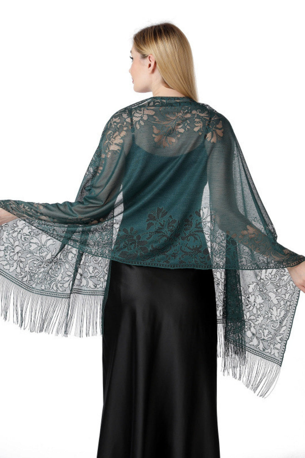 Sheer Floral Lace Evening Wrap with Fringe