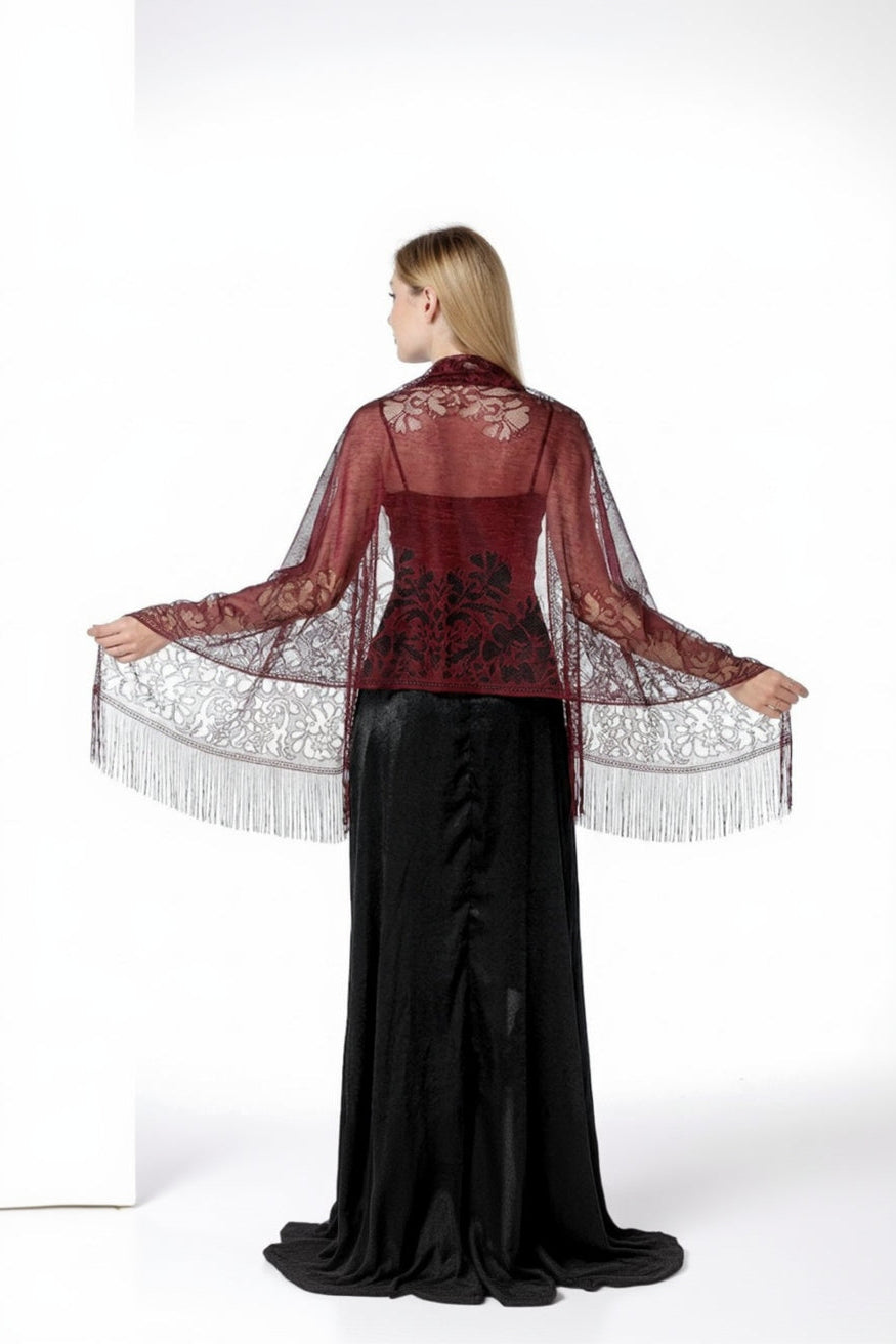 Sheer Floral Lace Evening Wrap with Fringe