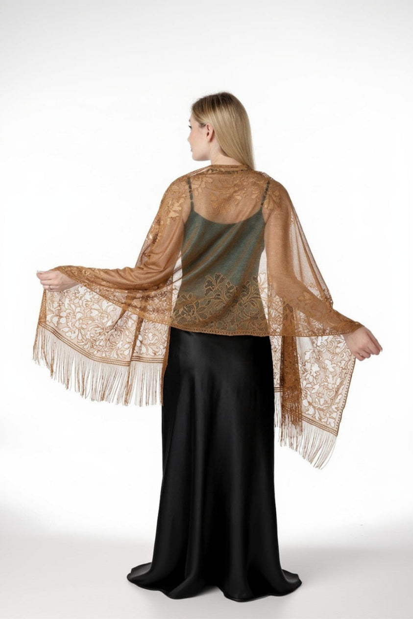 Sheer Floral Lace Evening Wrap with Fringe