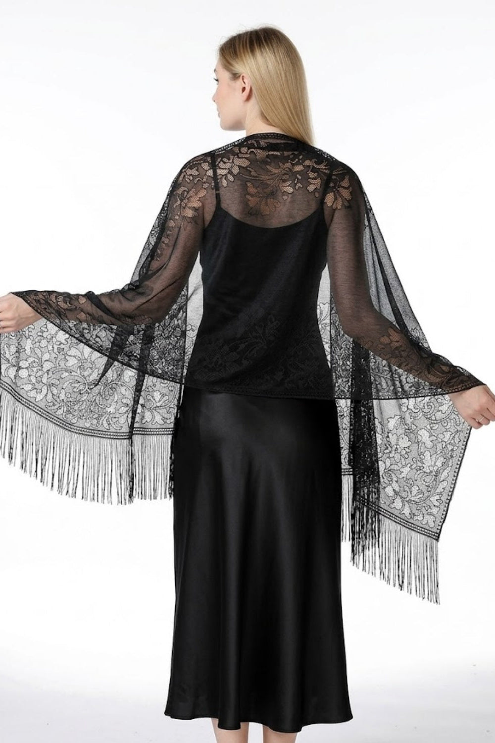 Sheer Floral Lace Evening Wrap with Fringe