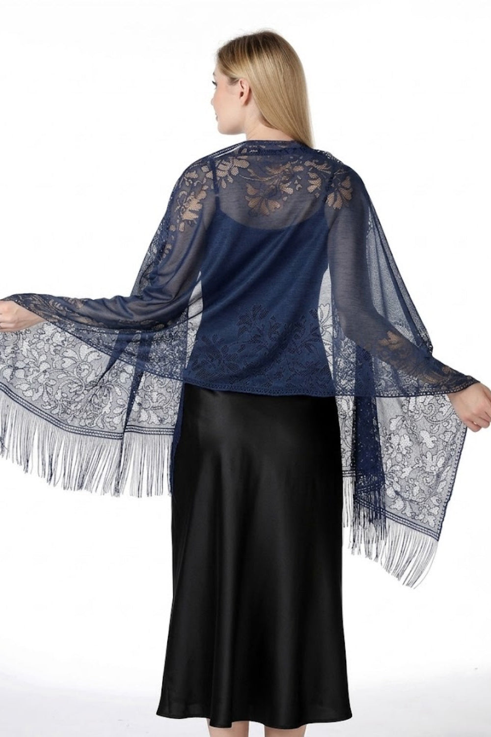 Sheer Floral Lace Evening Wrap with Fringe