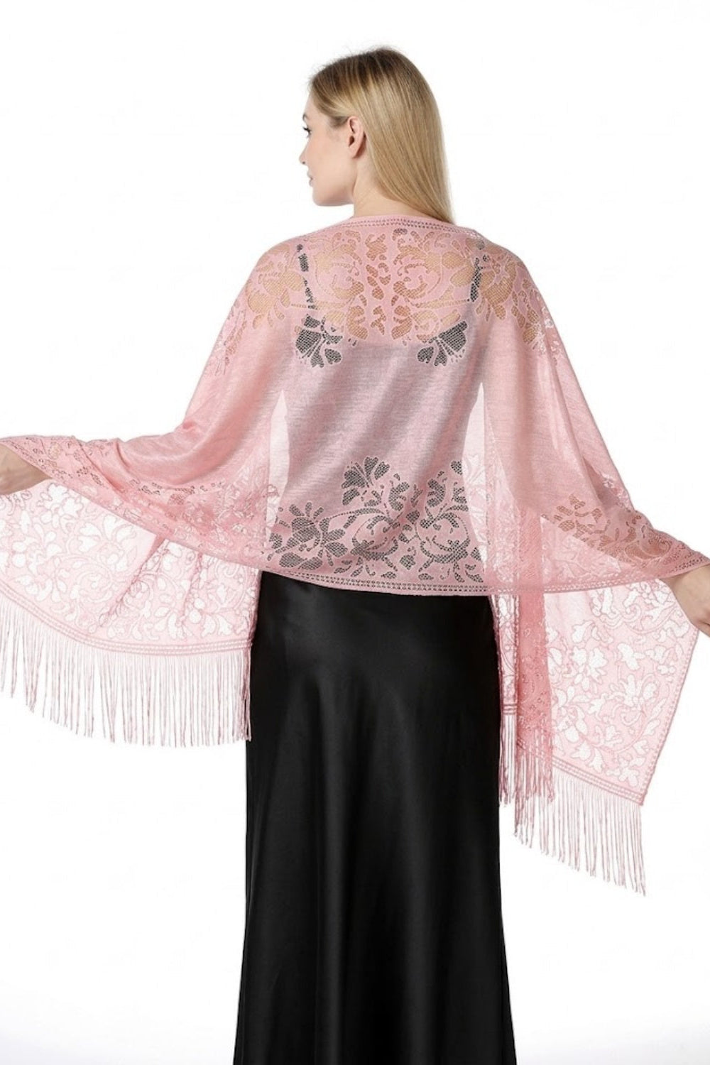 Sheer Floral Lace Evening Wrap with Fringe