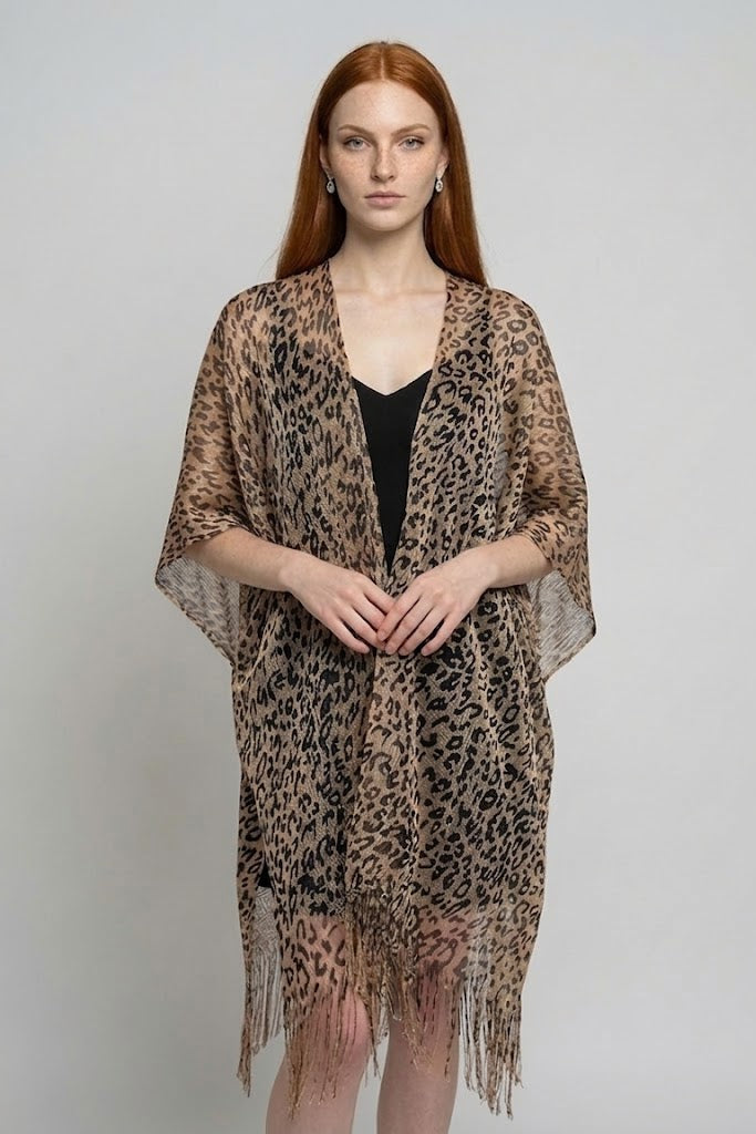 Open Front Leopard Print Kimono Wrap with Fringe
