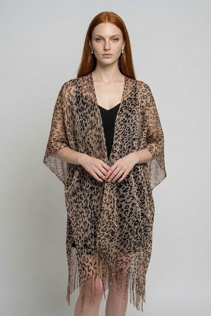 Open Front Leopard Print Kimono Wrap with Fringe
