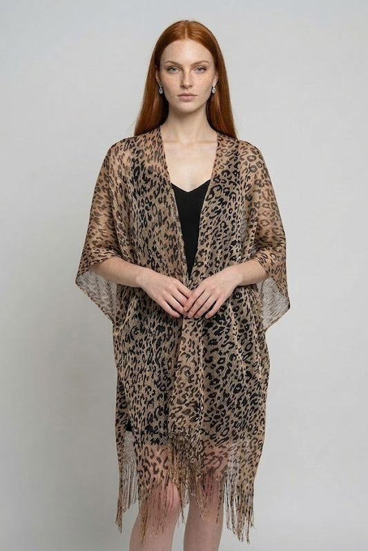 Open Front Leopard Print Kimono Wrap with Fringe