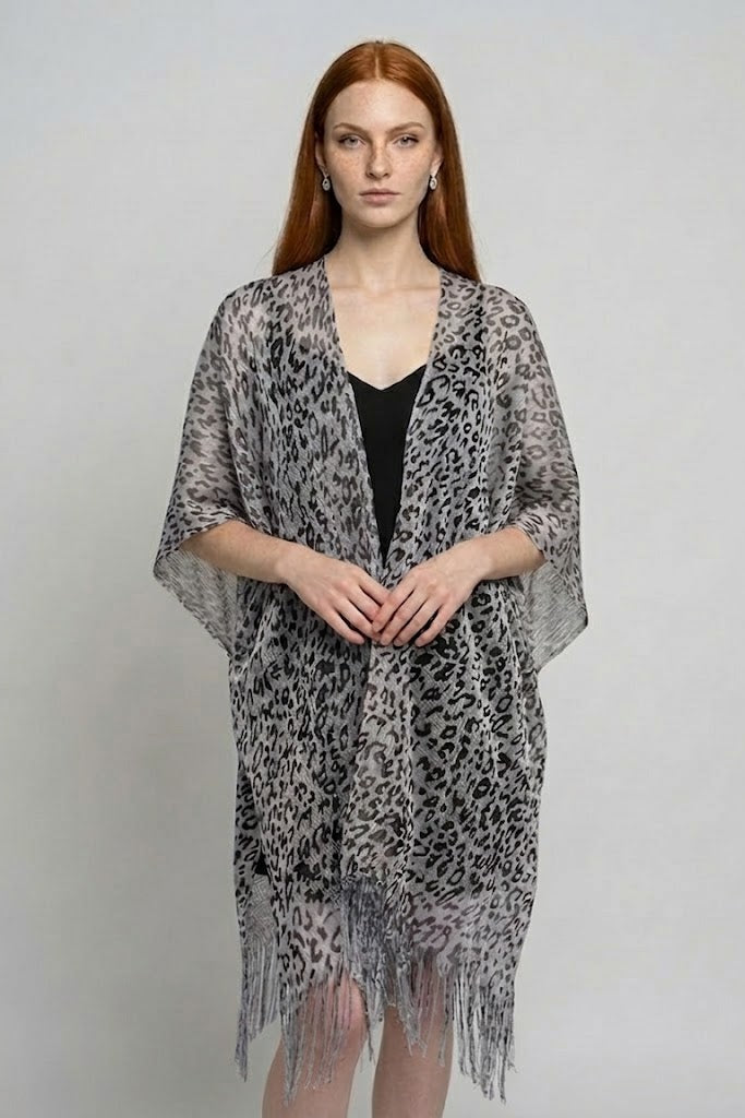Open Front Leopard Print Kimono Wrap with Fringe