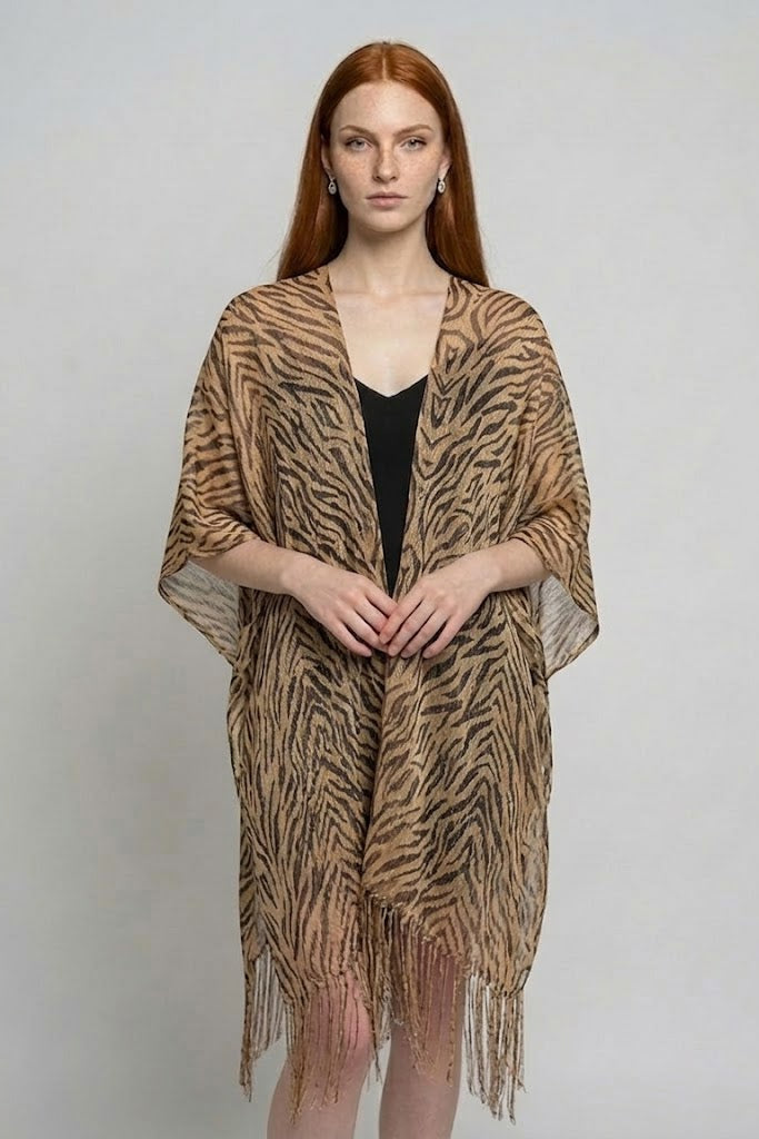 Open Front Leopard Print Kimono Wrap with Fringe