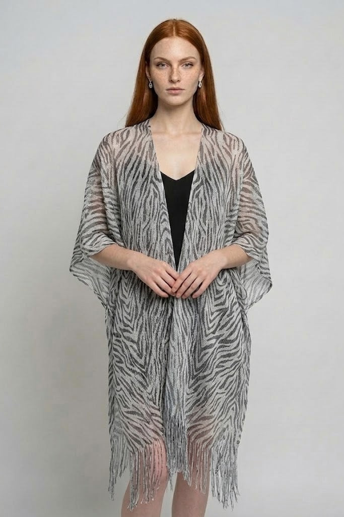 Open Front Leopard Print Kimono Wrap with Fringe