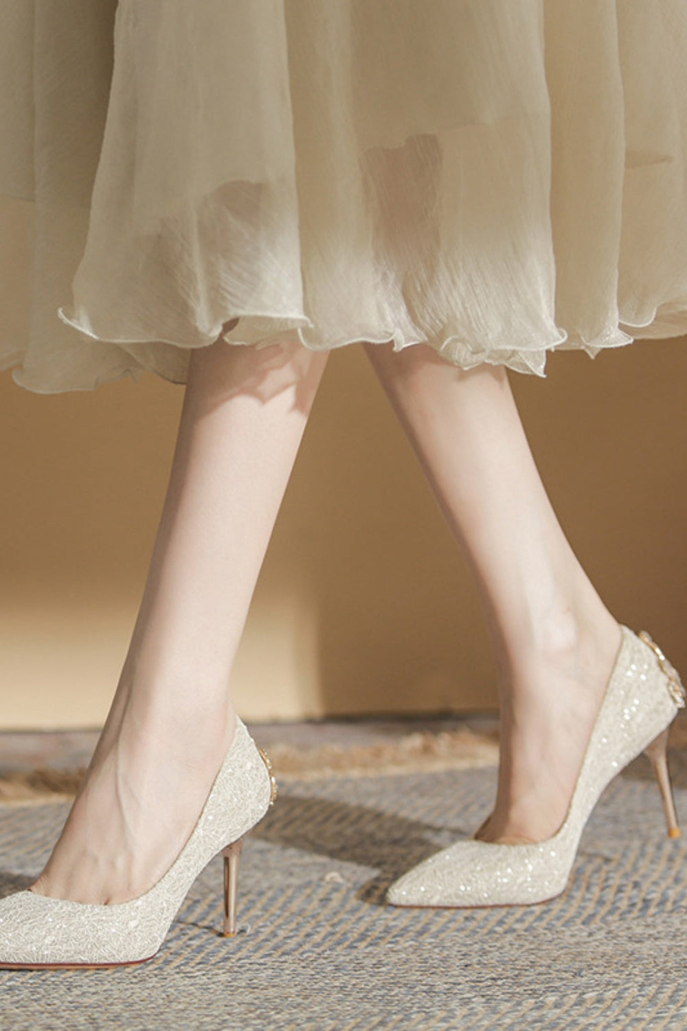 Beige Lace Pointed Toe Back Buckle Stiletto Pumps