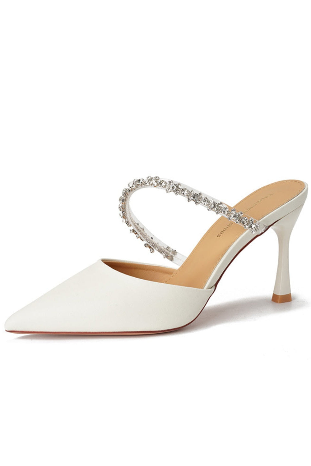 White Leather Rhinestone Arch Strap Pointed Toe Mules