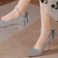 Silver Glitter Pointed Toe Pump with Pearl Ankle Strap and Bow