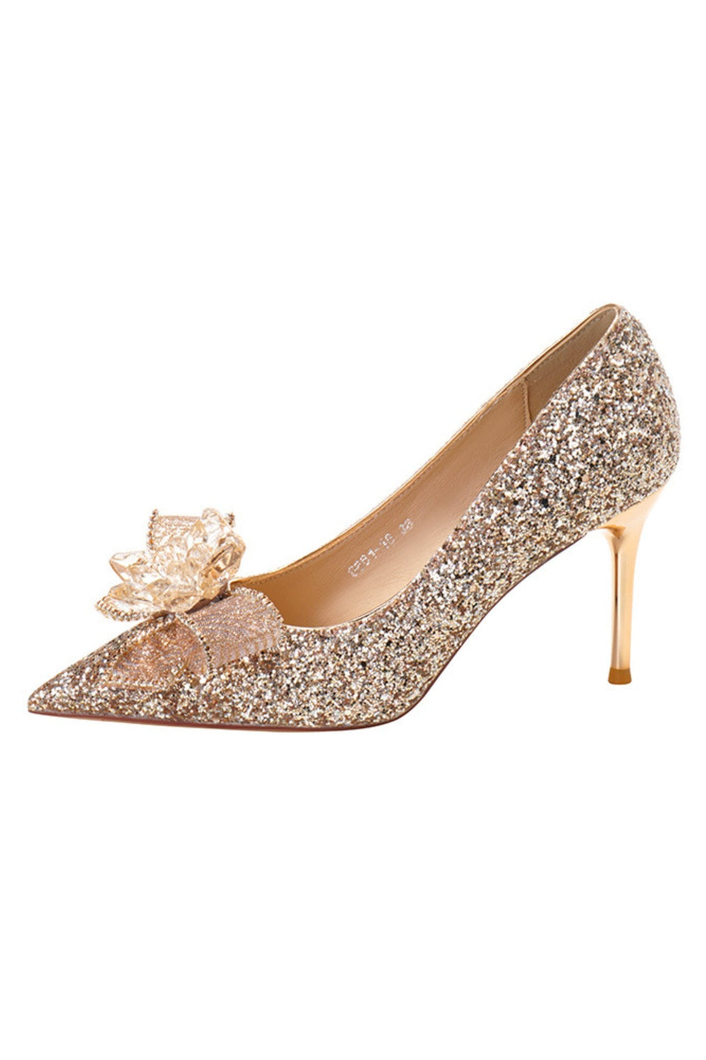 Gold Glitter Rhinestone Bow Stiletto Pumps