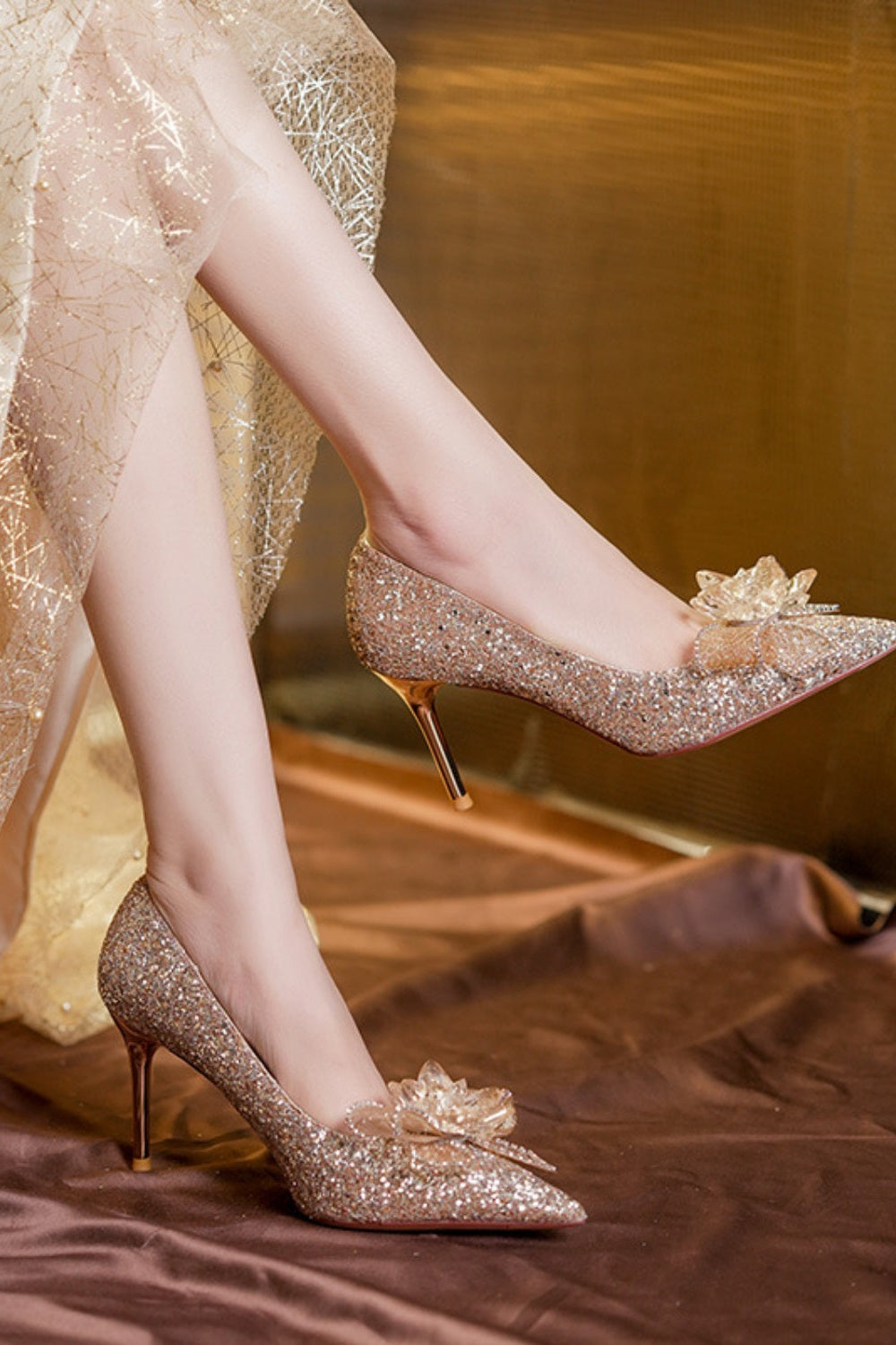Gold Glitter Rhinestone Bow Stiletto Pumps