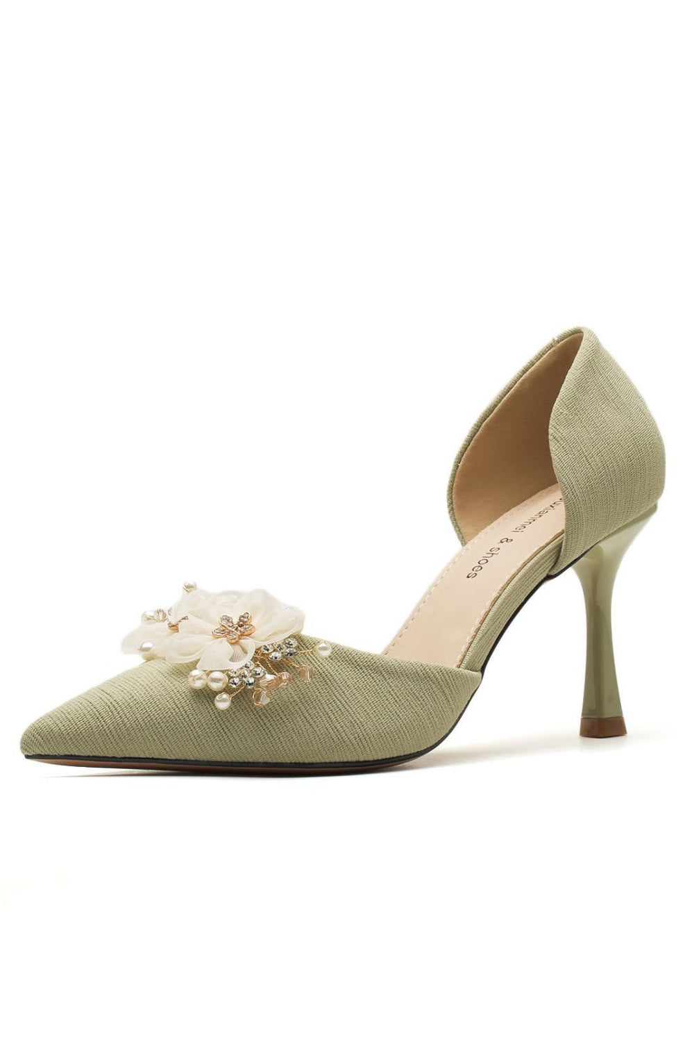 Sage Green Pointed D'Orsay Heels with Pearl