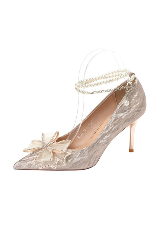 Silver Glitter Bow detailing Pumps with Pearl Anklet